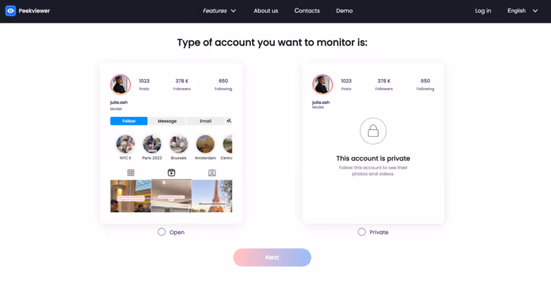 Instagram profile analyzer tool: Peekviewer account creation