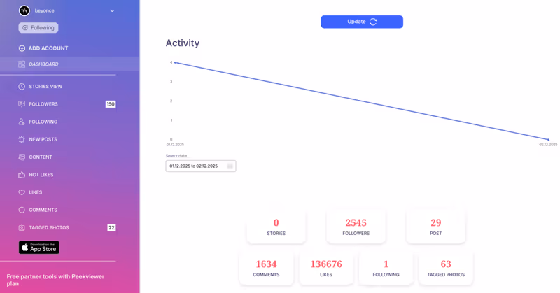 Instagram profile analyzer tool: Peekviewer account creation