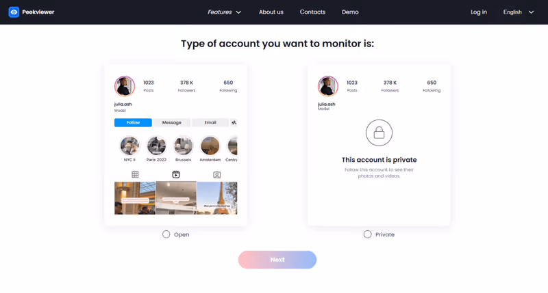 Using Peekviewer to save private Instagram stories – choose the option to monitor a public or private account