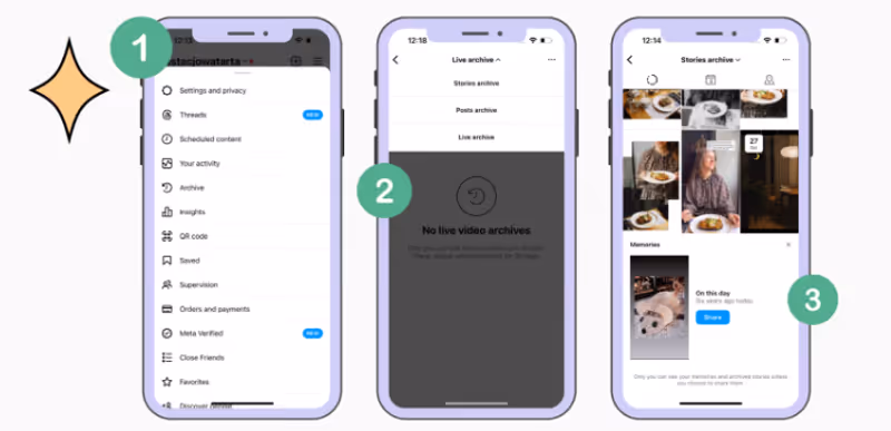 screenshots showing different steps to access archived stories on Instagram screenshots showing different steps to access archived stories on Instagram